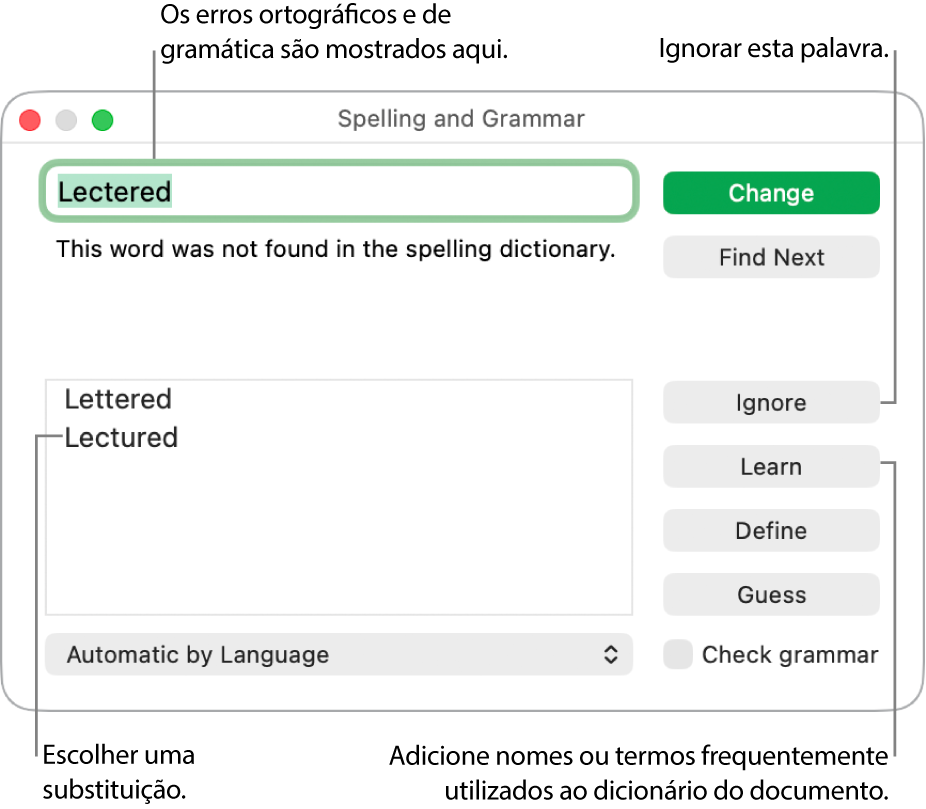 A janela “Ortografia e gramática”.