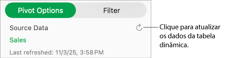 O separador "Opções dinâmicas” a mostrar a opção de atualizar a tabela dinâmica.