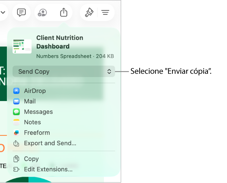 O menu “Partilhar” com “Enviar cópia” selecionada na parte superior.