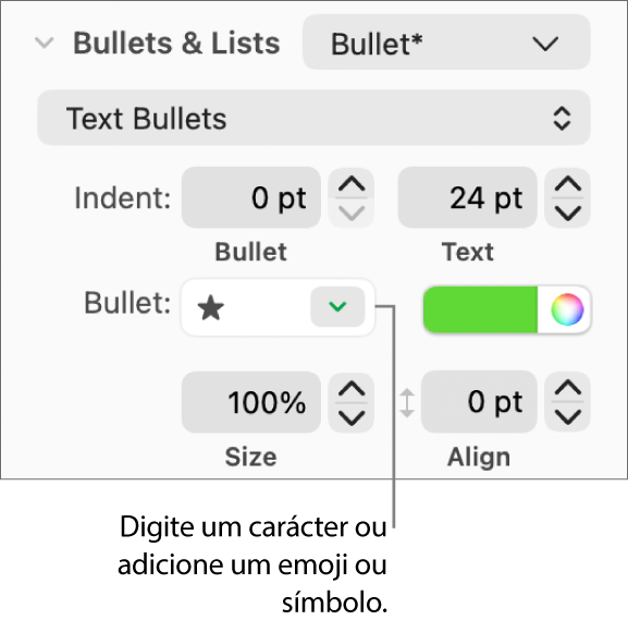 A secção “Marcas e listas” da barra lateral "Formatação”. O campo "Marca” a mostrar um emoji de uma estrela.