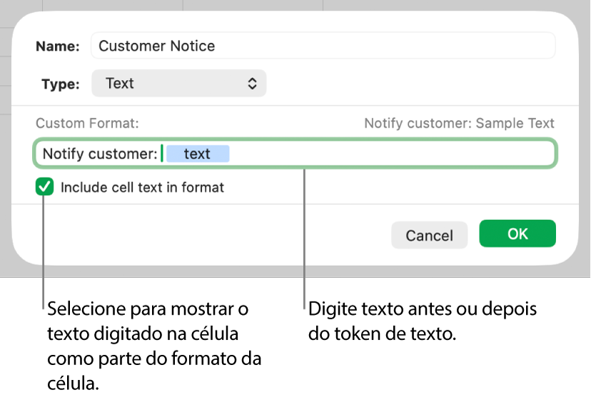 Formato de célula de texto personalizada.