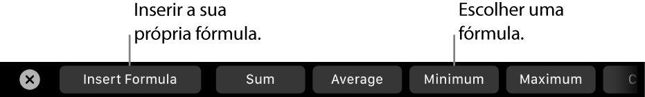 A Touch Bar do MacBook Pro com controlos para inserir a sua própria fórmula e escolher uma fórmula usada frequentemente.