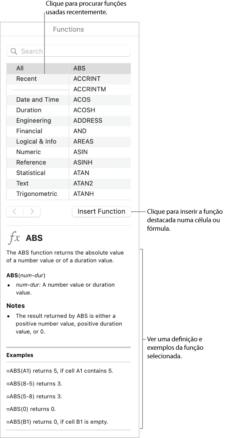 O navegador de funções com chamadas para as funções usadas recentemente, o botão “Inserir função” e a definição da função.