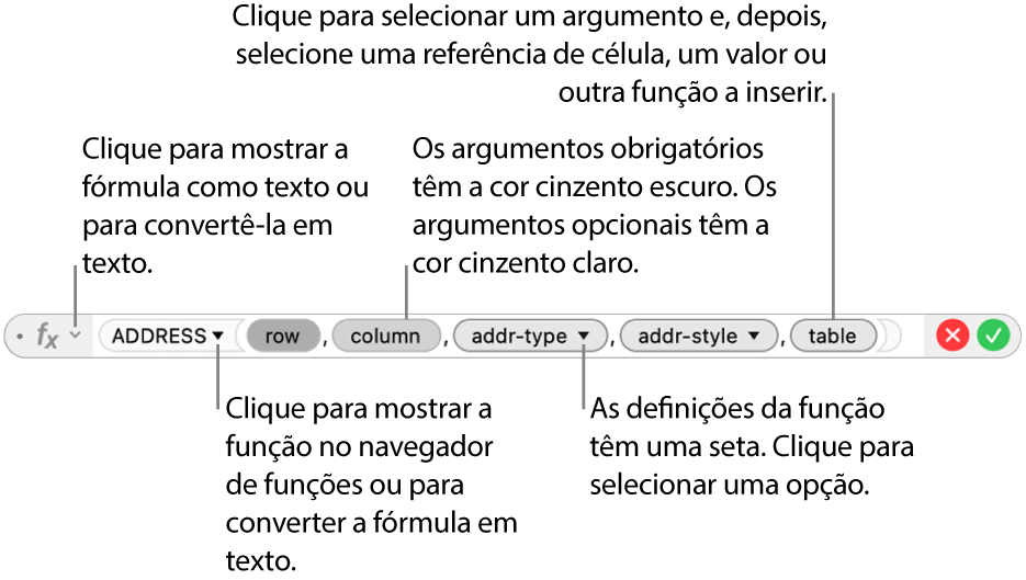 O Editor de fórmulas a mostrar a função ENDEREÇO e os respetivos símbolos de argumentos.