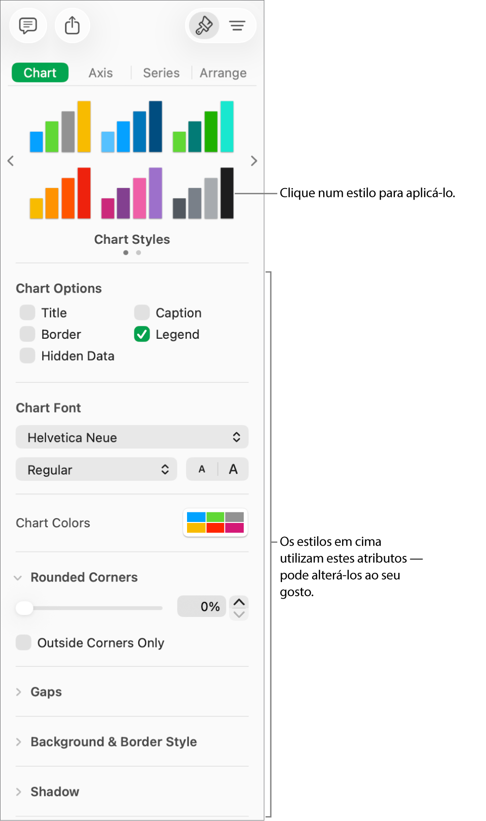 Barra lateral "Formatação” a mostrar os controlos para formatar gráficos.