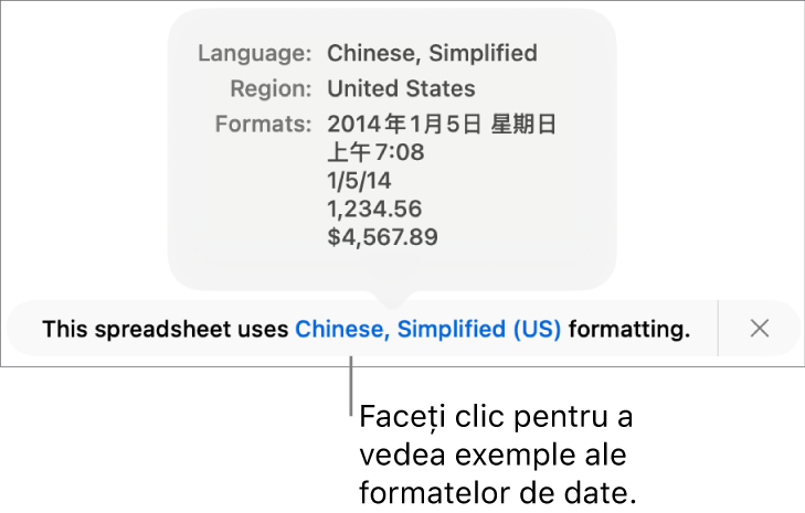 Notificarea privind configurarea limbii și regiunii diferite, afișând exemple de formatare în limba și regiunea respectivă.