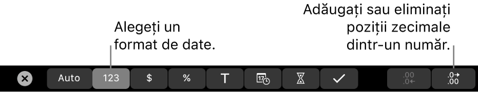 Bara Touch Bar de pe MacBook Pro cu comenzi pentru alegerea formatării datelor și adăugarea sau eliminarea pozițiilor zecimale dintr-un număr.