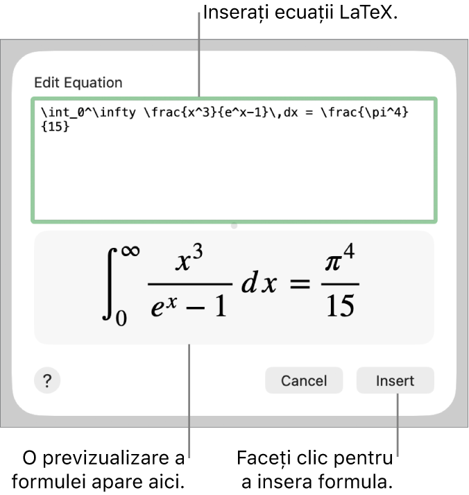 Formula cuadratică scrisă utilizând LaTeX în câmpul Ecuație și o previzualizare a formulei dedesubt.