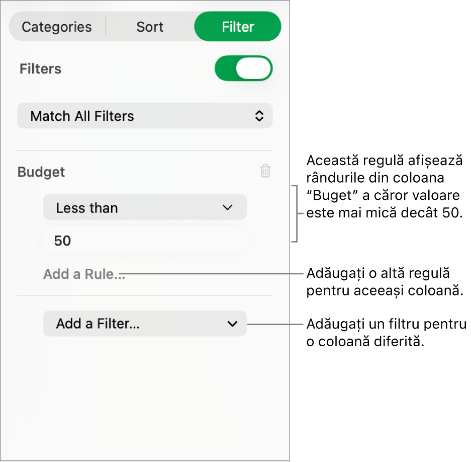 Comenzi pentru crearea de reguli de filtrare.
