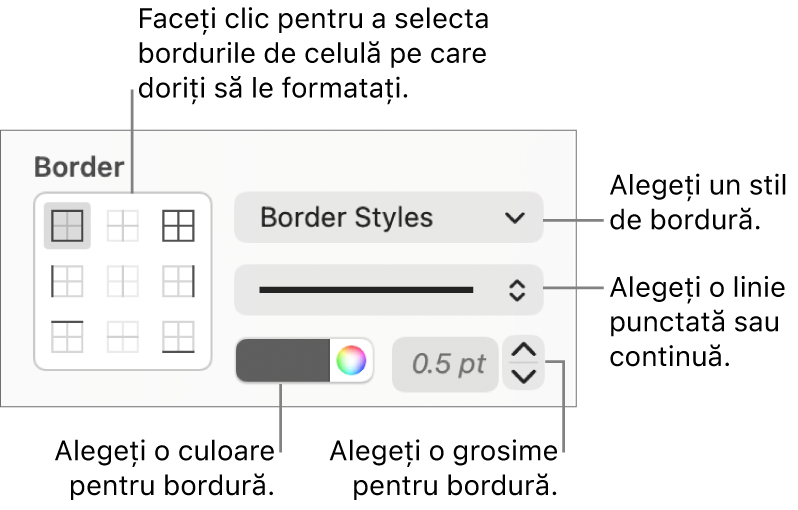 Comenzi pentru stilurile bordurilor de celulă.