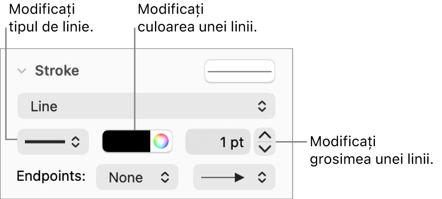 Comenzi trasare pentru configurarea extremităților, grosimii și culorii liniei.