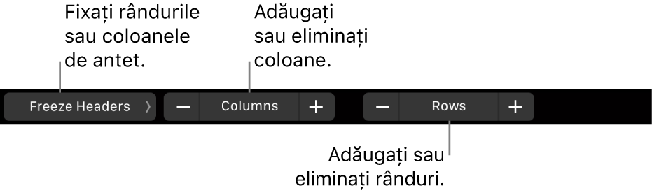 Bara Touch Bar de pe MacBook Pro cu comenzi pentru fixarea rândurilor sau coloanelor de antet, adăugarea sau eliminarea coloanelor și adăugarea sau eliminarea rândurilor.