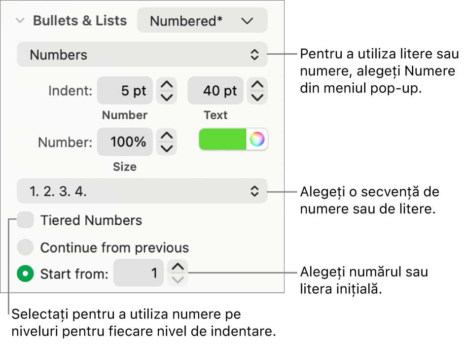 Comenzi pentru a modifica stilul de numere și spațierea unei liste.