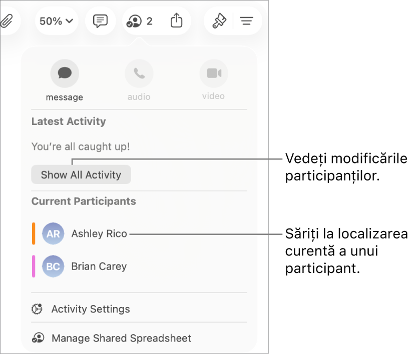 Meniul pentru colaborare cu doi participanți curenți listați.