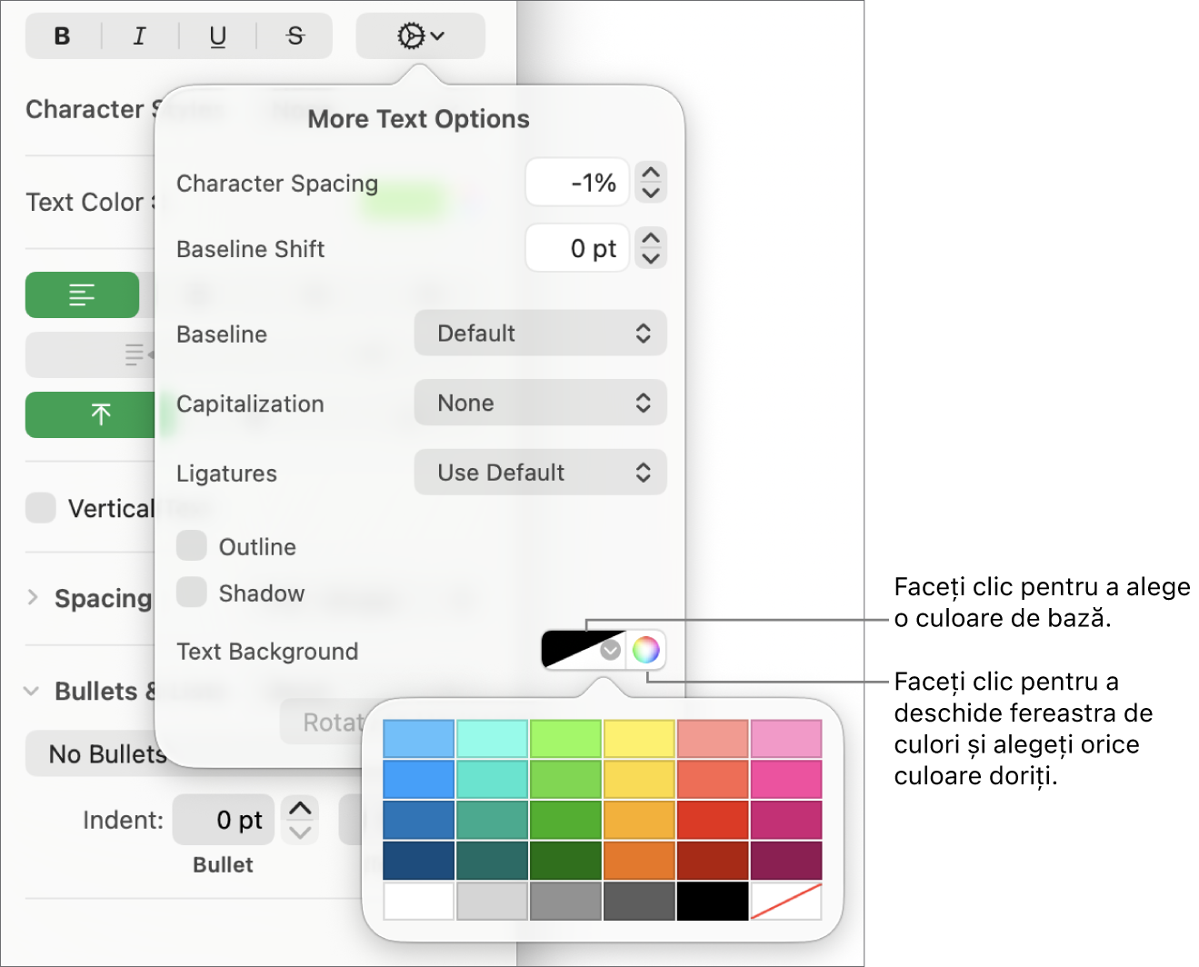 Comenzi pentru alegerea unei umpleri a caracterelor.