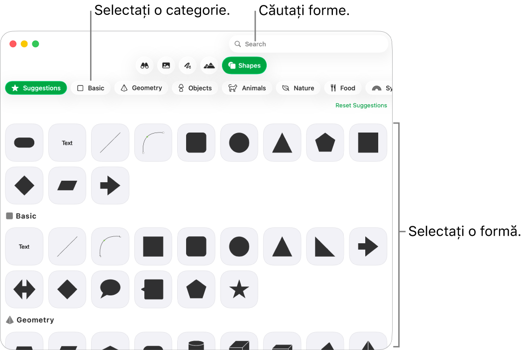 Biblioteca de forme, cu categoriile enumerate în partea stângă și formele afișate în partea dreaptă. Puteți utiliza câmpul de căutare din partea de sus pentru a găsi forme și derulați pentru a vedea mai multe.