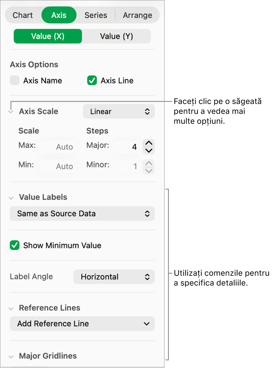 Comenzi pentru formatarea marcajelor de axă ale diagramei.