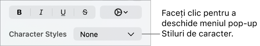 Meniul pop-up Stiluri de caracter.