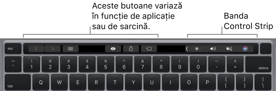 Tastatură cu Touch Bar deasupra tastelor numerice. Butoanele pentru modificarea textului se află în partea stângă și centrală. Funcționalitatea Control Strip din partea dreaptă are comenzi de sistem pentru luminozitate, volum și Siri.