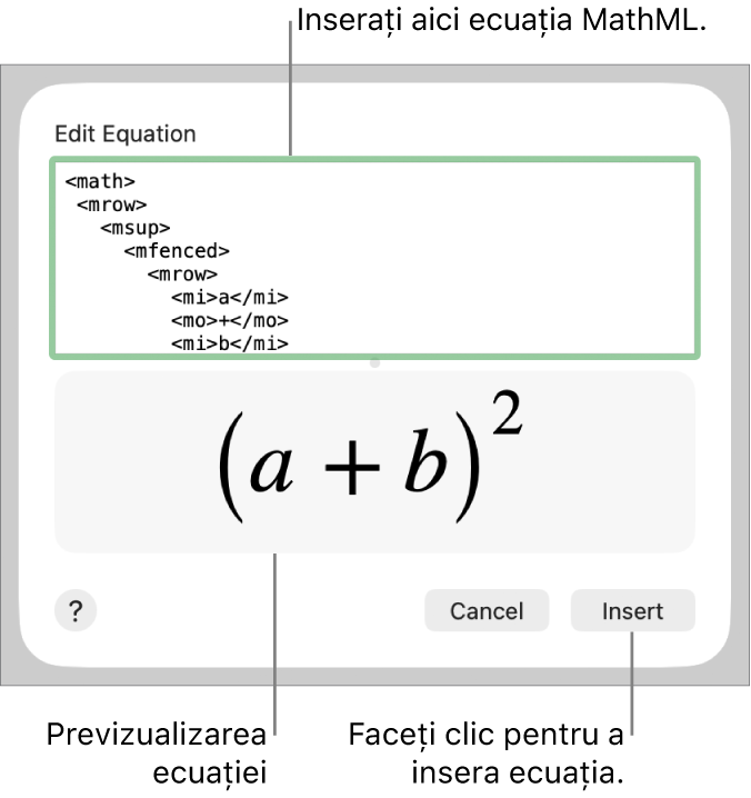 Ecuația pantei unei linii în câmpul Editare ecuație și o previzualizare a formulei dedesubt.