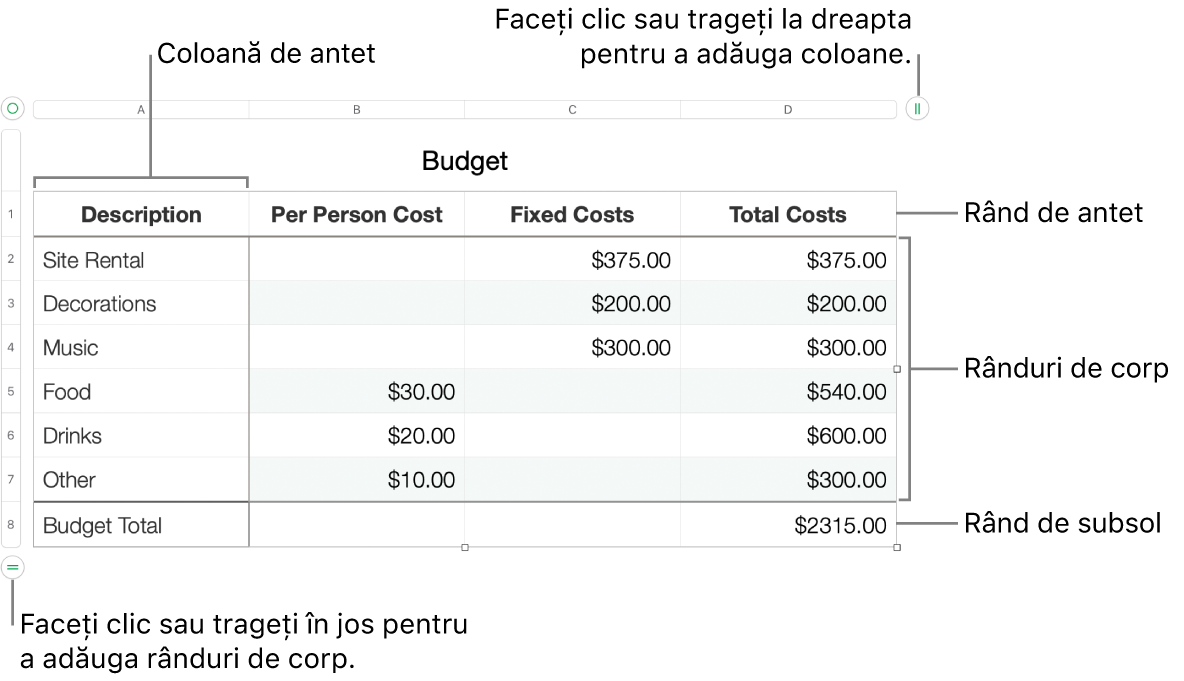 Un tabel, cu rânduri și coloane pentru antet, corp și subsol și mânere pentru adăugarea sau ștergerea rândurilor sau coloanelor.