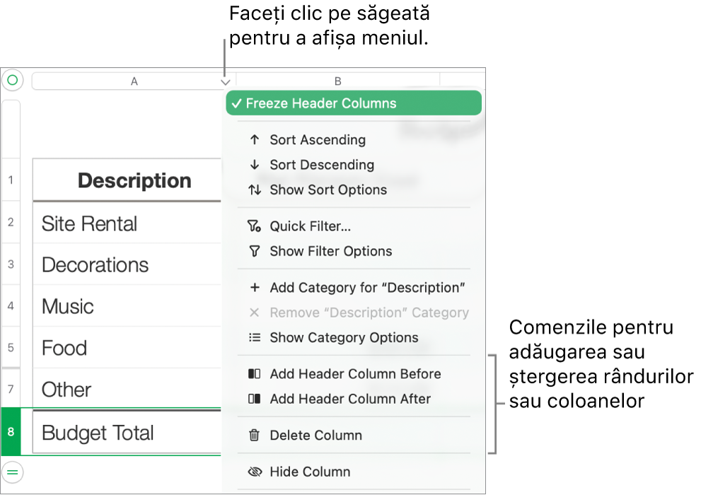Meniul unei coloane de tabel incluzând comenzi pentru adăugarea sau ștergerea rândurilor și coloanelor.