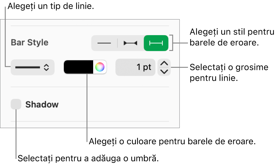 Comenzile pentru stilul barelor de eroare.