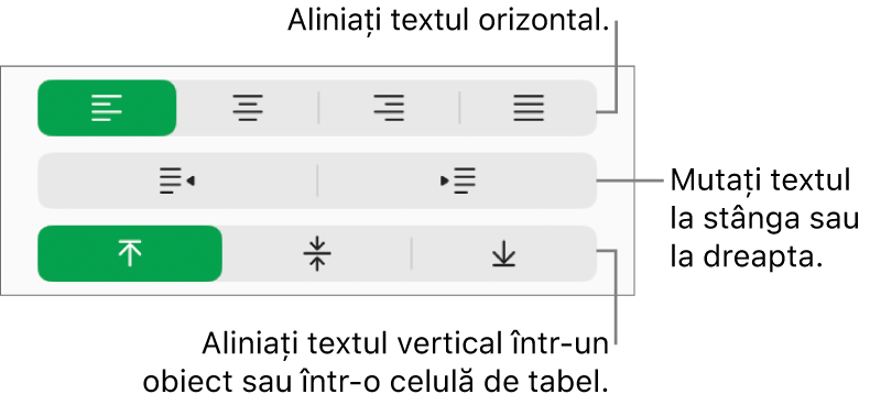 Secțiunea Aliniere afișând butoanele pentru alinierea textului pe orizontală, deplasarea textului la stângă sau la dreapta și alinierea textului pe verticală.