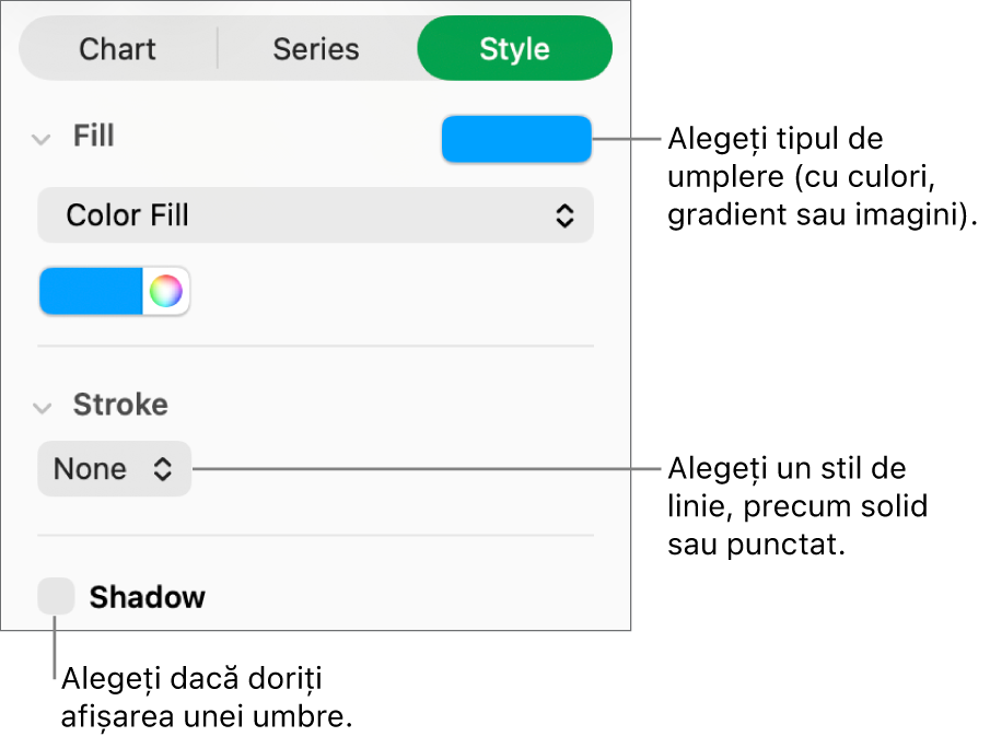 Comenzi pentru modificarea aspectului seriei de date.