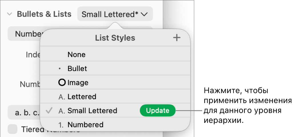 Всплывающее меню «Стили списков». Рядом с именем нового стиля отображается кнопка «Обновить».
