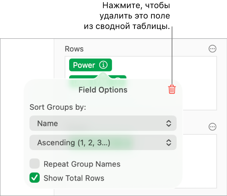 Меню параметров поля, отображающее элементы управления для группировки и сортировки данных, а также для удаления поля.