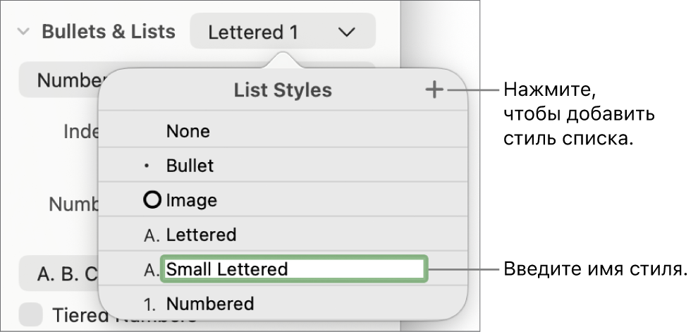 Всплывающее меню «Стили списков». В правом верхнем углу расположена кнопка добавления, выбран текст-заполнитель имени стиля.