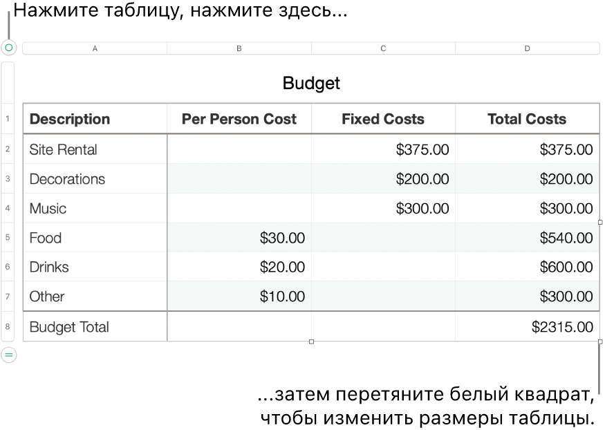 Выбранная таблица с белыми квадратами для изменения размера.