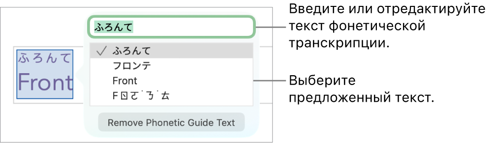 Отображается фонетическая транскрипция слова с вынесенным текстовым полем, содержащим предложенный вариант текста.