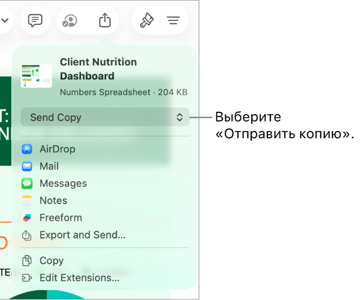 В верхней части меню «Поделиться» выбран параметр «Отправить копию».