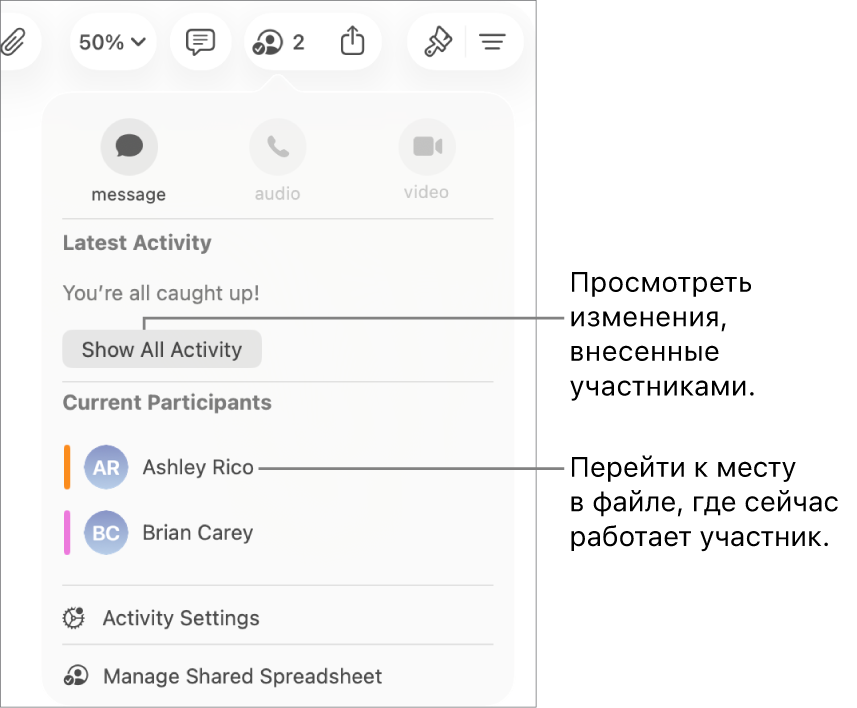 В меню совместной работы показаны двое активных участников.