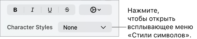 Всплывающее меню «Стили символов» отображается под панелью с элементами управления для изменения стиля и цвета текста.
