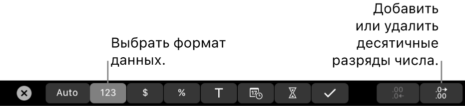Панель Touch Bar на MacBook Pro. Показаны элементы управления для выбора формата данных, а также добавления и удаления десятичных разрядов в числе.