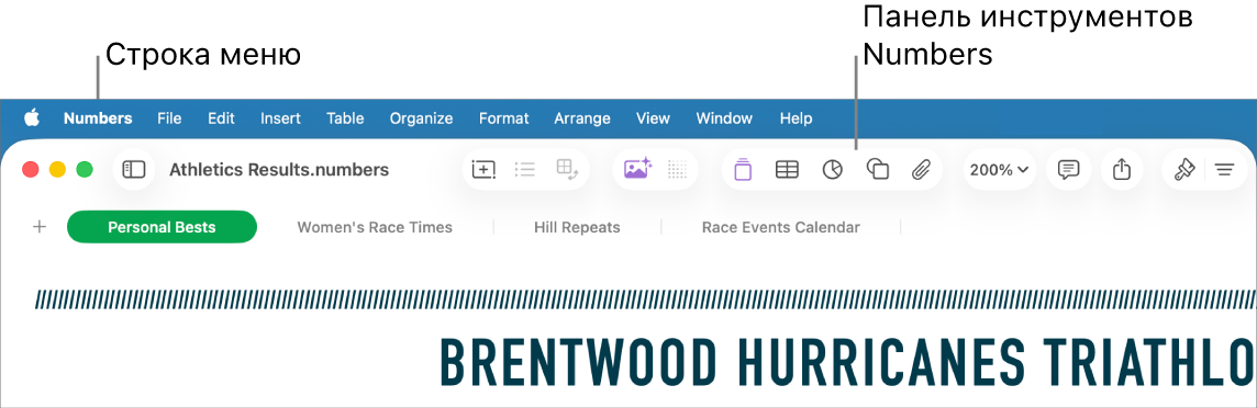 Вверху экрана находится строка меню, содержащая меню «Apple», «Numbers», «Файл», «Правка», «Вставить», «Таблица», «Упорядочение», «Формат», «Расстановка», «Вид», «Окно» и «Справка». Под строкой меню показана открытая таблица Numbers. Сверху расположена панель инструментов с кнопками «Вид», «Масштаб», «Добавить категорию», «Сводная таблица», «Вставить», «Таблица», «Диаграмма» и «Текст».
