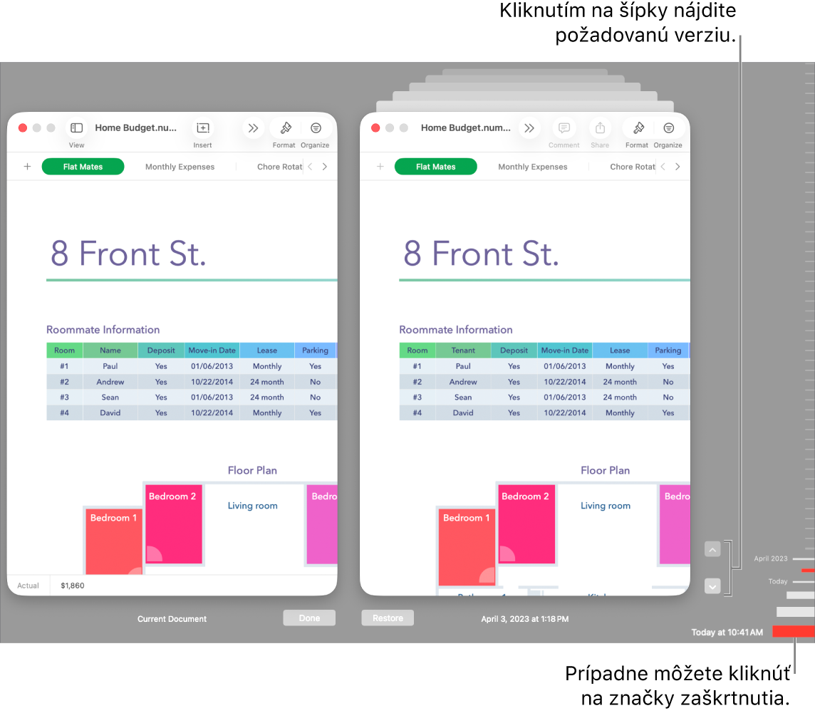 Okno Vrátiť zobrazujúce verzie, ktoré môžete prechádzať.