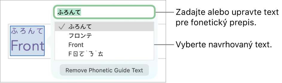Otvorený fonetický prepis pre označené slovo s textovými bublinami na textovom poli a odporúčaný text.