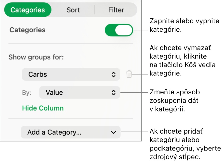 Postranný panel kategórií s možnosťami vypnutia kategórií, vymazania kategórií, zmeny zoskupenia dát, skrytia zdrojového stĺpca a pridania kategórií.