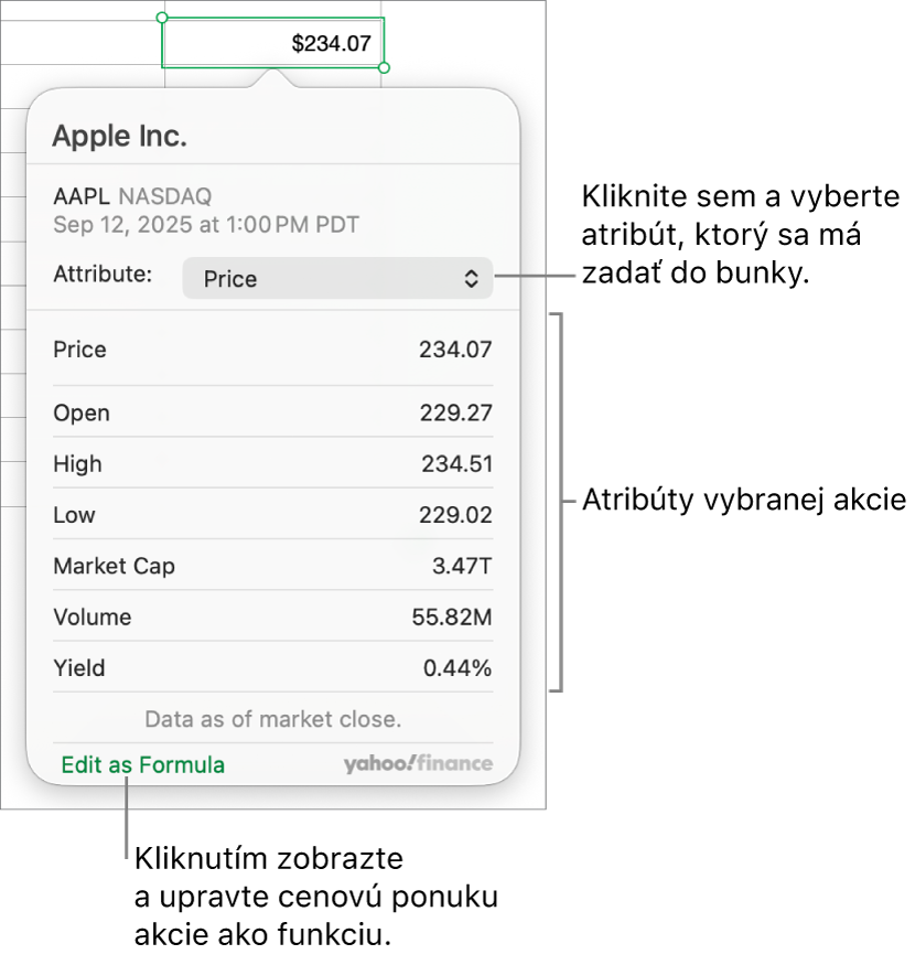 Dialógové okno na zadanie informácií o vlastnostiach akcie s vybranou akciou spoločnosti Apple