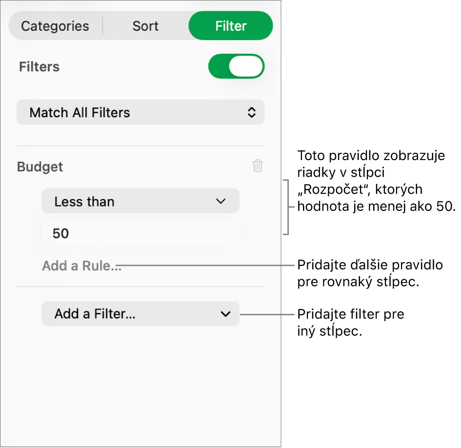 Ovládacie prvky na vytvorenie pravidiel filtrovania.