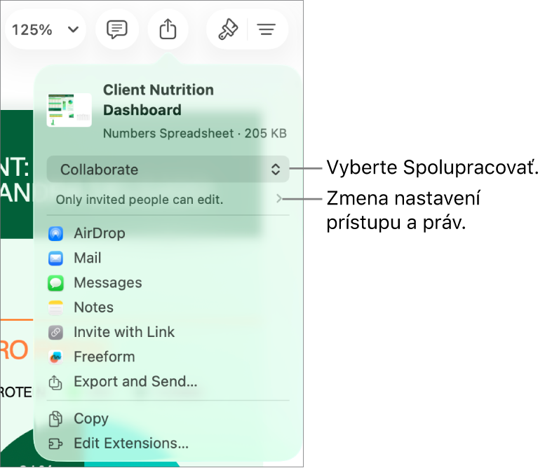 Menu Zdieľať s vybranou možnosťou Spolupracovať navrchu a pod ňou sa nachádzajú nastavenia prístupu a povolení.