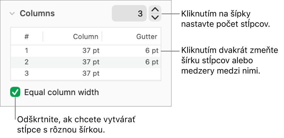 Ovládacie prvky v časti Stĺpce na zmenu počtu stĺpcov a šírky jednotlivých stĺpcov.