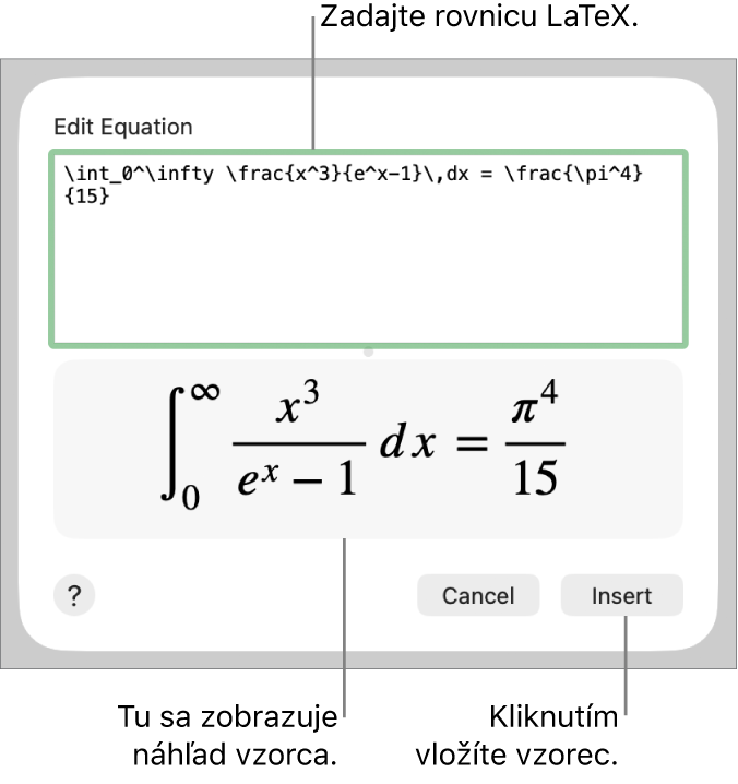 Kvadratická rovnica napísaná pomocou jazyka LaTeX v poli Rovnica, nižšie sa nachádza náhľad vzorca.