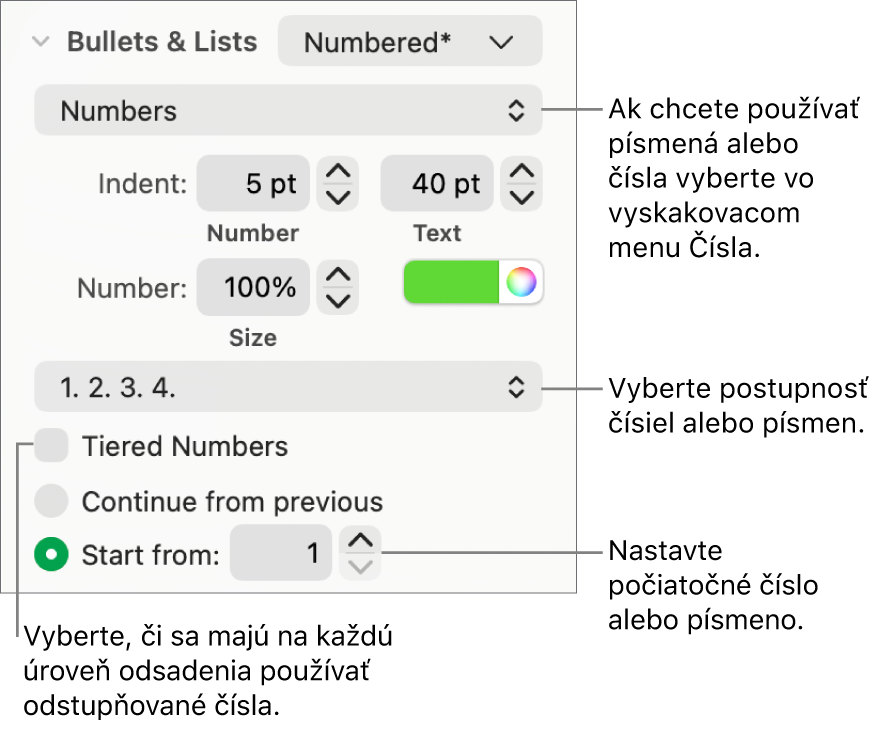 Ovládacie prvky na zmenu štýlu číslovania a medzier zoznamu.