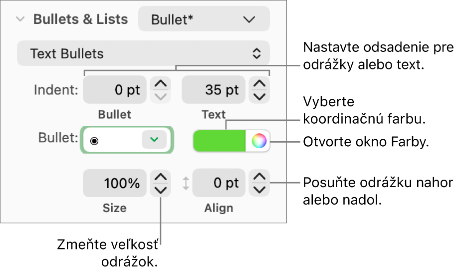 Časť Odrážky a zoznamy s bublinami popisujúcimi ovládacie prvky pre odsadenie odrážky a textu, farbu odrážky, veľkosť odrážky a zarovnanie.