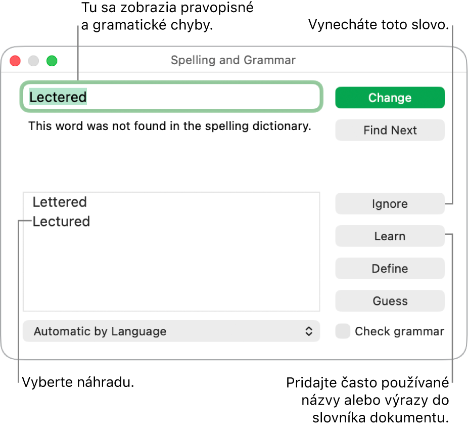 Okno Pravopis a gramatika.
